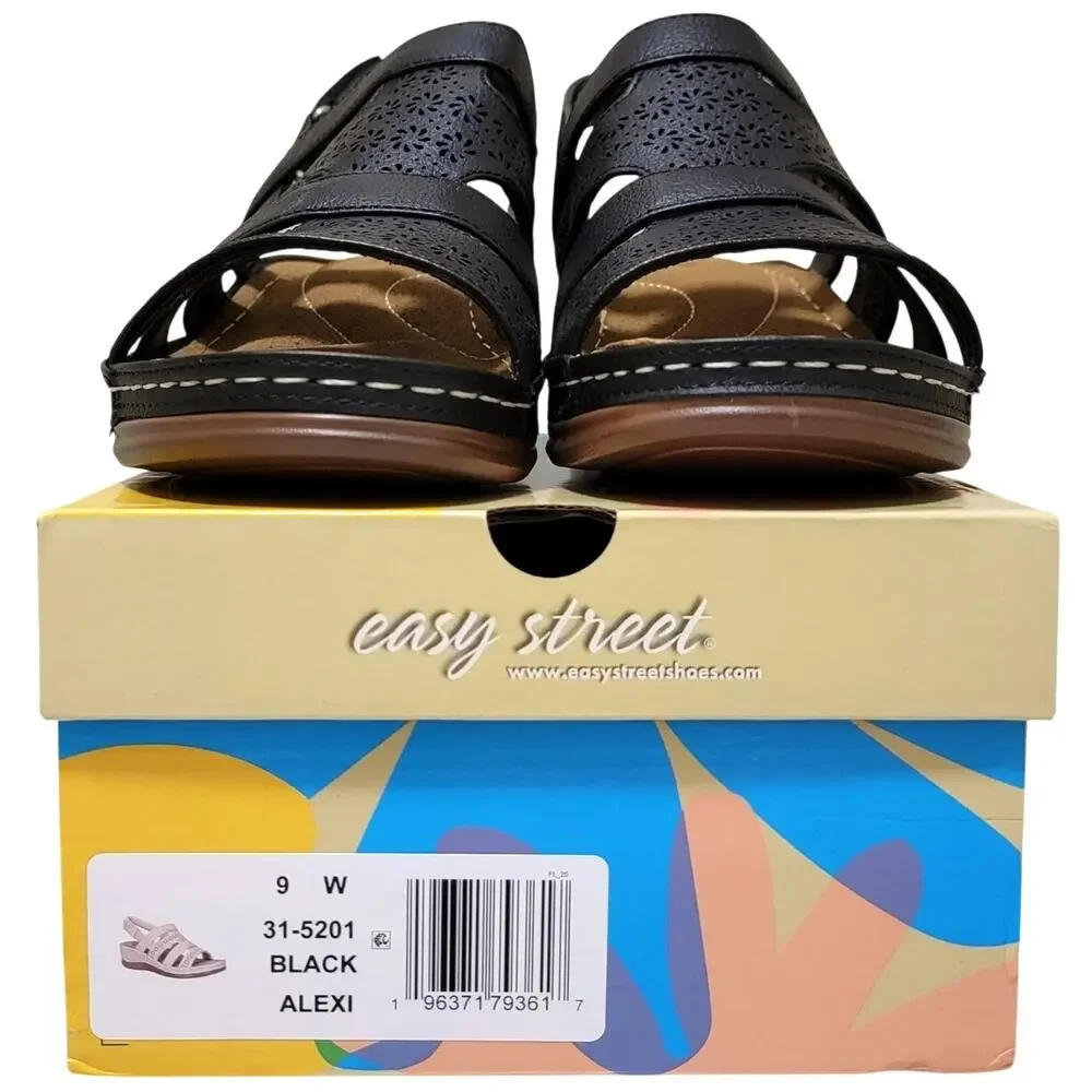 Easy Street Women Alexi Wedge Heel Slingback Sandals Size US 9W Black